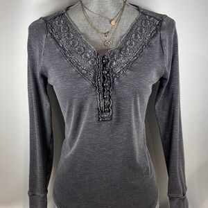 Lucky Brand Charcoal Lace Detail Long Sleeve Top